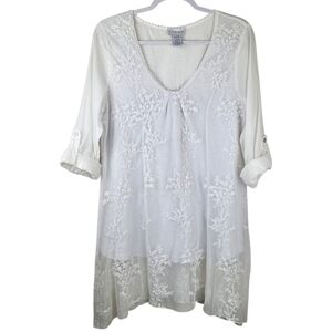 Soft Surroundings White Embroidered Lacey Tunic Top roll tab sleeves M